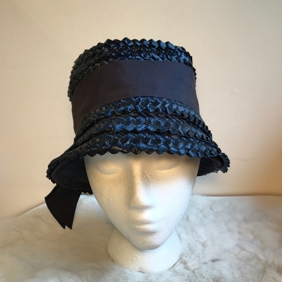Vintage Black Raffia Woven Bucket Victorian Hat